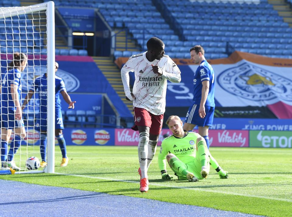 Nicolas Pepe celebrates after scoring Arsenal’s third (Getty)