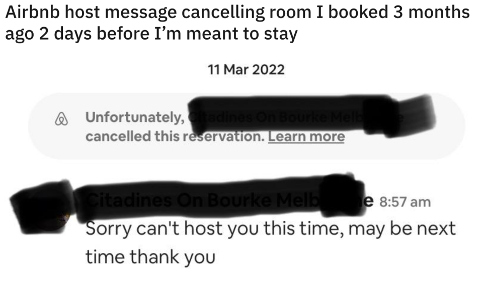 A host writing, "Sorry can't host you this time, may be next time thank you"