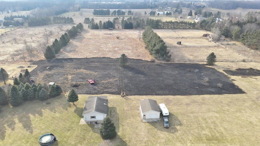 Still image from drone footage showing the burn damage from a brush fire. (Courtesy Ingham County Emergency Management)