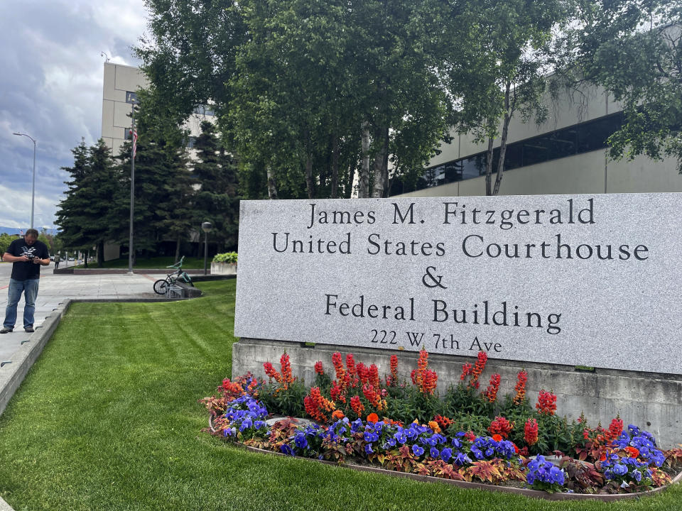 The James M. Fitzgerald U.S. Courthouse and Federal Building in downtown Anchorage, Alaska, is pictured Wednesday, July 10, 2024. U.S. District Court Judge Joshua Kindred of Alaska has resigned and could face impeachment after having an inappropriate sexual relationship with a clerk who later became an assistant U.S. Attorney and then repeatedly lying about it to investigators, a judicial investigation found. (AP Photo/Mark Thiessen)