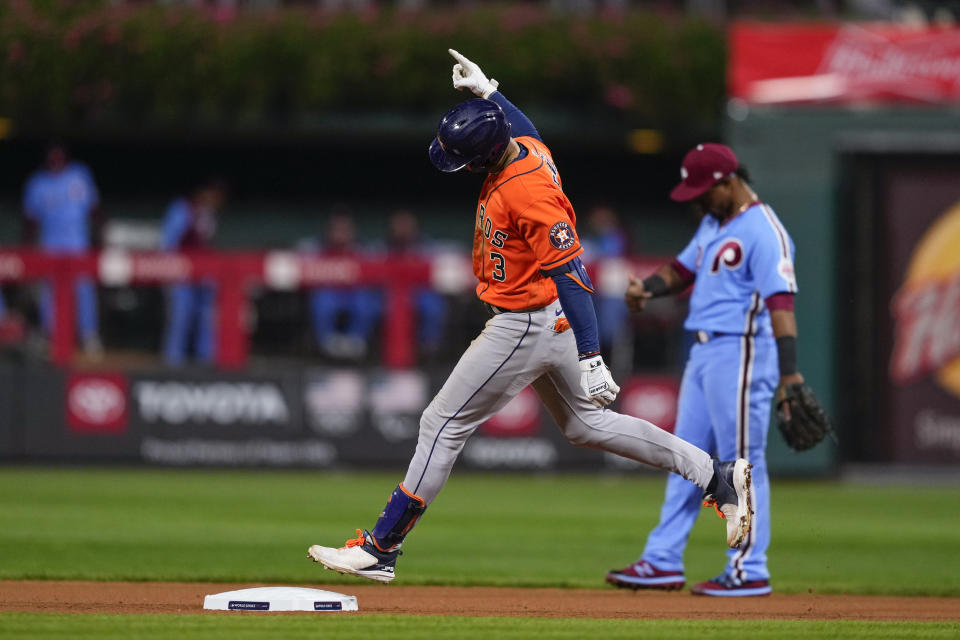 Houston Astros' Jeremy Pena celebrates his home run during the fourth inning in Game 5 of baseball's World Series between the Houston Astros and the Philadelphia Phillies on Thursday, Nov. 3, 2022, in Philadelphia. (AP Photo/Matt Slocum)