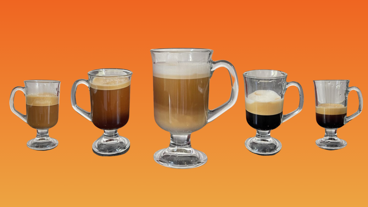  Five coffees on orange background. 