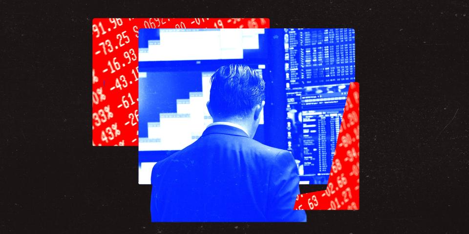 Collage of stock prices and a broker looking at a screen.
