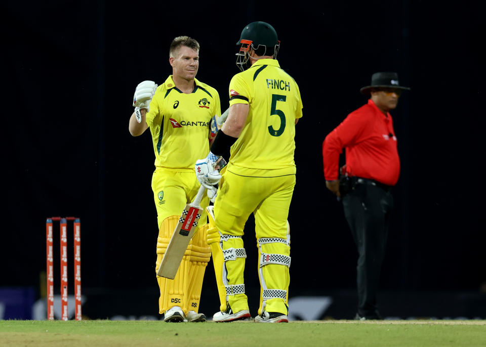 David Warner and Aaron Finch, pictured here after Australia's win over Sri Lanka in the first T20.