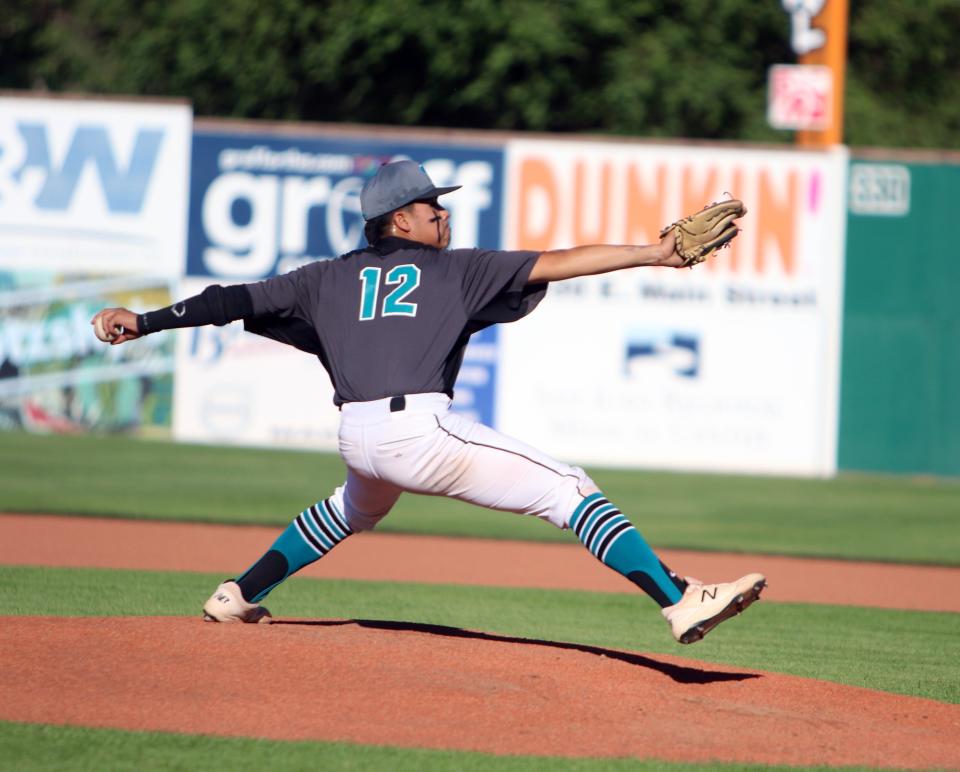 Frackers pitcher Brandon Arellano prepares to deliver a pitch in the first inning of their game against the Sting in Connie Mack City League action, Wednesday, June 1, 2022 at Ricketts Park.