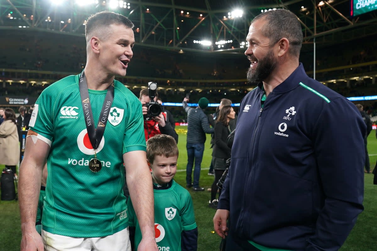 Ireland’s Jonathan Sexton and head coach Andy Farrell after the Guinness Six Nations match at Aviva Stadium, Dublin. Picture date: Saturday March 18, 2023. (PA Wire)