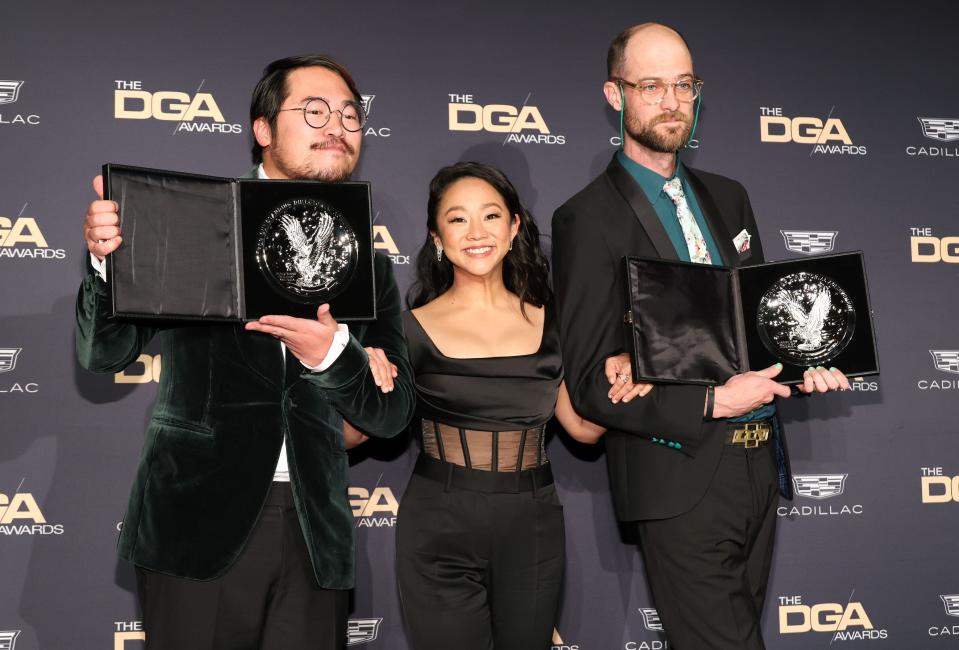 "Everything Everywhere All at Once" star Stephanie Hsu (center) poses with directors Daniel Kwan (left) and Daniel Scheinert (right), who won the biggest honor at the Directors Guild of America Awards on Saturday.