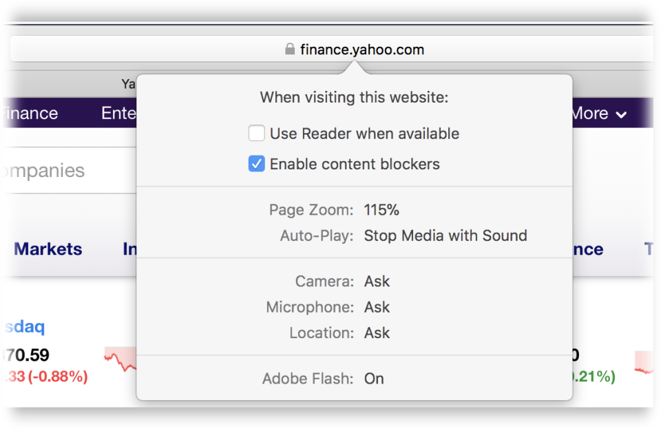 In Safari, you can establish all of these settings on a per-Website basis. It’s pretty awesome.