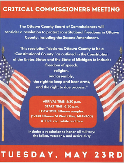 An announcement by ‘2A PATRIOT,’ a Michigan pro-Second Amendment group, about the Ottawa County commissioners meeting at which the constitutional county measure would be voted on. <a href="https://2apatriot.org/f/ottawa-county-going-for-constitutional-county-status" rel="nofollow noopener" target="_blank" data-ylk="slk:2A PATRIOT;elm:context_link;itc:0;sec:content-canvas" class="link ">2A PATRIOT</a>