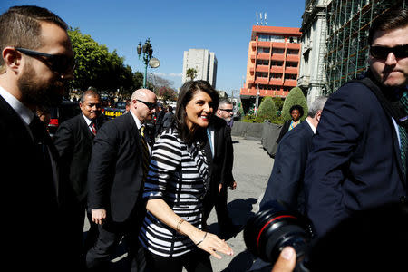 U.S. Ambassador to the United Nations Nikki Haley is surrounded by security while arriving to the National Palace in Guatemala City, Guatemala, February 28, 2018. REUTERS/Luis Echeverria