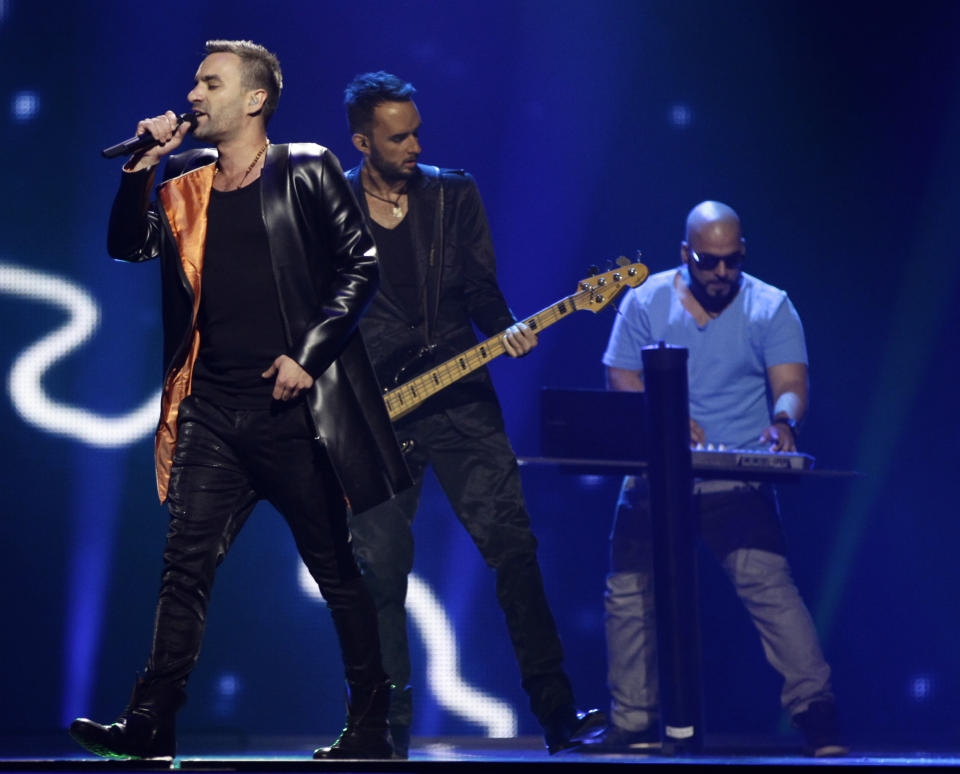 Hungary Compact Disco perform during rehearsal for the final show of the 2012 Eurovision Song Contest at the Baku Crystal Hall in Baku, Friday, May 25, 2012. The finals of the 2012 Eurovision Song Contest will be held at the stadium on May 26, 2012. (AP Photo/Sergey Ponomarev)