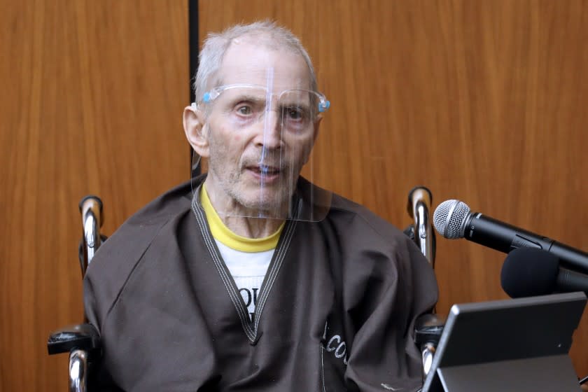 INGLEWOOD, CA - AUGUST 09: Robert Durst, 78, New York real estate scion, takes the stand and testifies in his murder trial answering questions from defense attorney Dick DeGuerin, left, at the Inglewood Courthouse on Monday, Aug. 9, 2021 in Inglewood, CA. Durst is charged with the 2000 murder of Susan Berman inside her Benedict Canyon home. He testified Monday that he did not kill his best friend Berman. (Gary Coronado / Los Angeles Times)