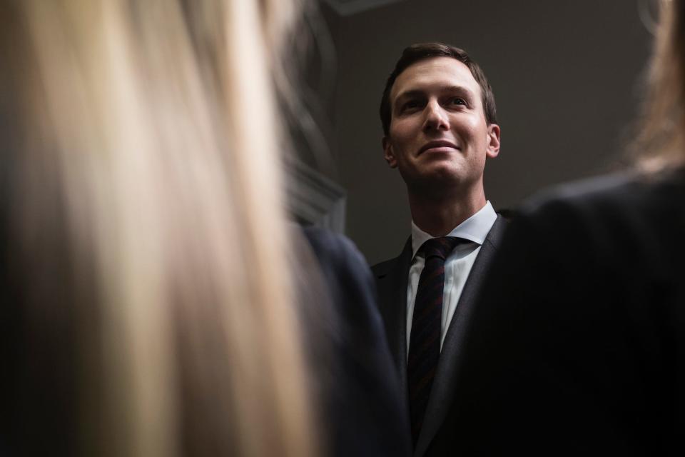 White House senior adviser Jared Kushner waits for President Donald Trump to arrive for a swearing in ceremony for Health and Human Services Secretary Alex Azar in the Roosevelt Room at the White House in Washington, DC on Monday, Jan. 29, 2018.