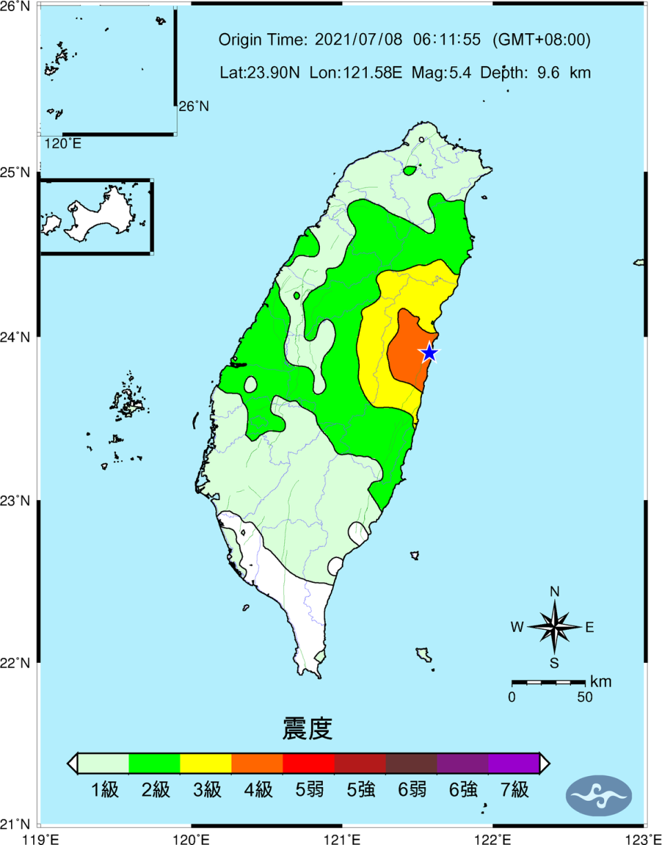 中央氣象局指出，6時11分全台震度情況。（翻攝自中央氣象局）