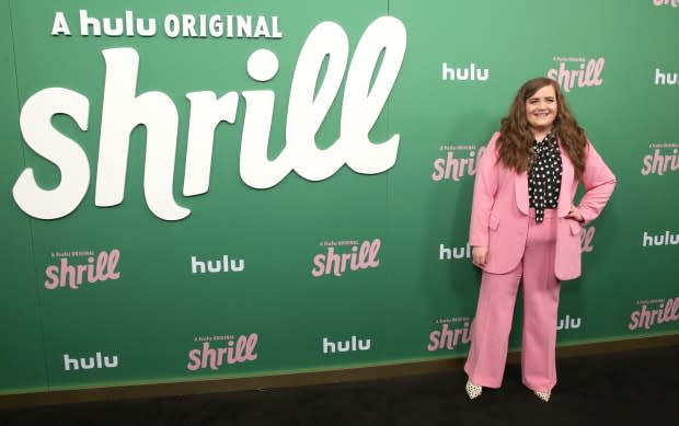 Aidy Bryant in an Eloquii suit at the New York premiere of Hulu's "Shrill." Photo: Monica Schipper/Getty Images for Hulu