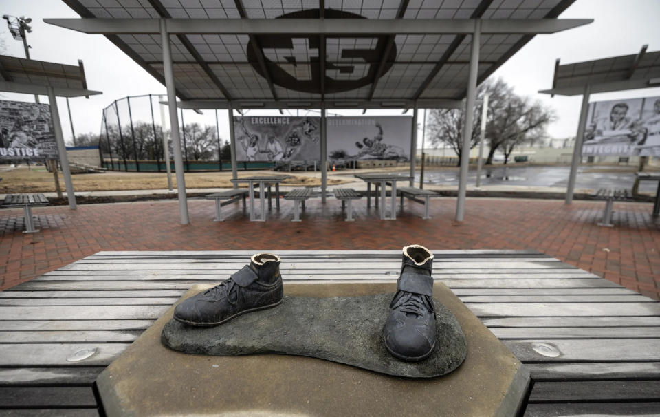 Ricky Alderete will be sentenced on July 1 for stealing the Jackie Robinson statue from McAdams Park in Wichita, Kansas, home of League 42. (Travis Heying/The Wichita Eagle via AP)