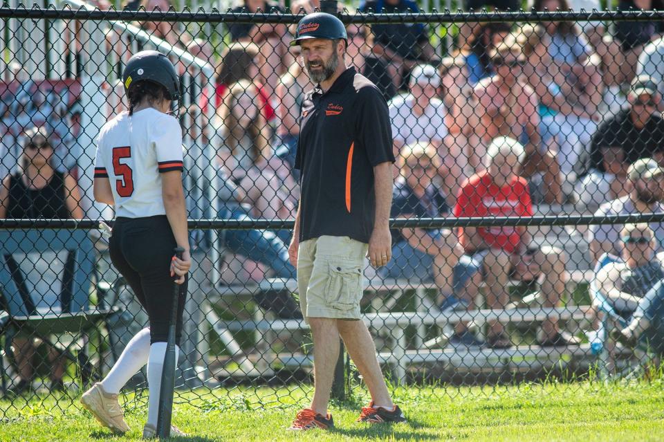 Marlboro head coach Ray Leduc talks to batter Ella Leduc during the class B regional softball game at Middletown High School in Middletown, NY on Saturday, June 4, 2022. Marlboro defeated Babylon 10-1. KELLY MARSH/FOR THE TIMES HERALD-RECORD