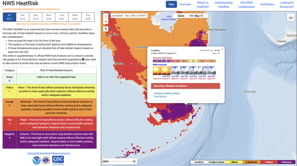Screen grab of the NWS HeatRisk tool for Miami, Florida on May 17, 2024.
