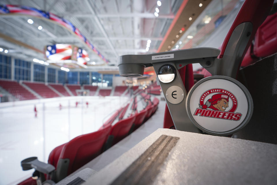 The newly constructed NCAA college hockey Martire Family Arena on the campus of Sacred Heart University is viewed in Fairfield, Conn., Monday, Jan 9, 2023. (AP Photo/Bryan Woolston)