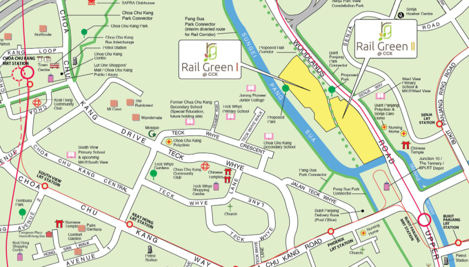 Location of the Rail Green I and II @ CCK Choa Chu Kang HDB BTO Oct 2023 flats, bounded by Woodlands Road and Sungei Pang Sua. Source: HDB