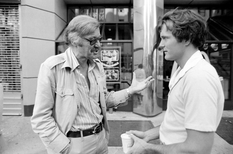 Stan Lee (creator of the character 'Spider-Man' and founder of Marvel Comics) and Nicholas Hammond (plays Peter Parker / Spider-Man). Image dated: July 6, 1978.&nbsp;