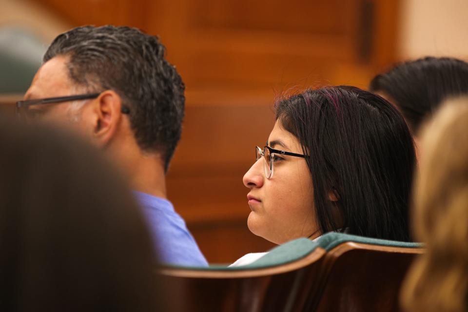 Jazmin Cazares listens at a joint committee hearing at the Capitol on Thursday after she urged lawmakers to adopt limits on gun access. Jazmin's 9-year-old sister Jackie Cazares was killed in the mass shooting at a Uvalde elementary school.