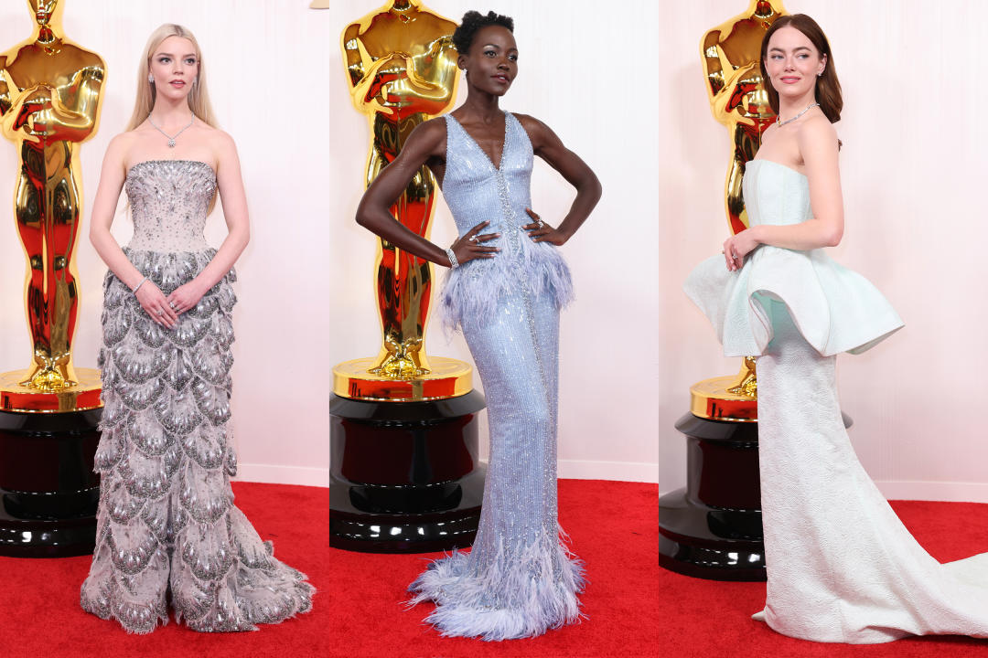Hollywood, CA - March 10: Anya Taylor Joy, Lupita Nyong'o and Emma Stone arriving on the red carpet at the 96th Annual Academy Awards in Dolby Theatre at Hollywood & Highland Center in Hollywood, CA, Sunday, March 10, 2024. (Christina House / Los Angeles Times via Getty Images)