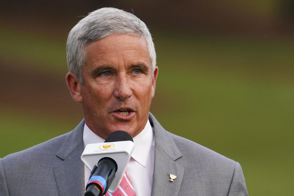 PGA Tour commissioner Jay Monahan talks during the singles match play of the Presidents Cup golf tournament at Quail Hollow Club. Mandatory Credit: Peter Casey-USA TODAY Sports