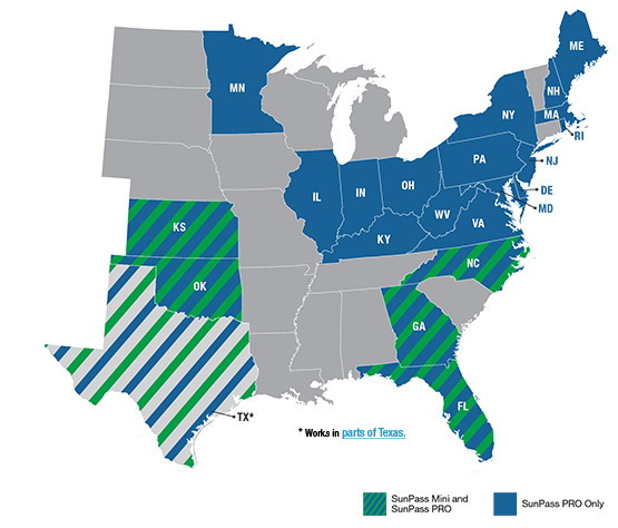 Map shows states that accept Florida's SunPass Mini and Sunpass Pro.