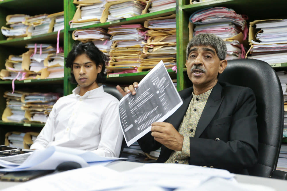 Muhammad Yusoff Rawther’s lawyer Haniff Khatri (right) speaks to reporters during a press conference in Petaling Jaya January 17,2 020. — Picture by Ahmad Zamzahuri