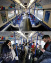 A combo of images showing commuters on the Piccadilly Line tube in London on Tuesday, March 17, 2020 and the an empty compartment on the same London underground line taken on Thursday, April 2, 2020. When Associated Press photographer Frank Augstein moved to London in 2015, what struck him most was the crowds. In years of covering political dramas, moments of celebration and tragedy and major sporting events, Augstein's photographs have captured the city's ceaseless movement: Pedestrians swarming over the Millennium footbridge spanning the River Thames. Travelers from the U.K. and continental Europe thronging St. Pancras railway station. Commuters following London transit etiquette by carefully ignoring one another on a crowded Tube train, or waiting patiently in a snaking bus queue. Augstein revisited those sites in recent days after Britain — like other countries around the world — went into effective lockdown to stem the spread of the new coronavirus. (AP Photo/Frank Augstein)