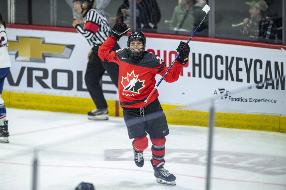 Canada's Emily Clark celebrates a goal against the United States during the third period of a Rivalry Series hockey game Friday, Feb. 9, 2024, in Regina, Saskatchewan. (Liam Richards/The Canadian Press via AP)