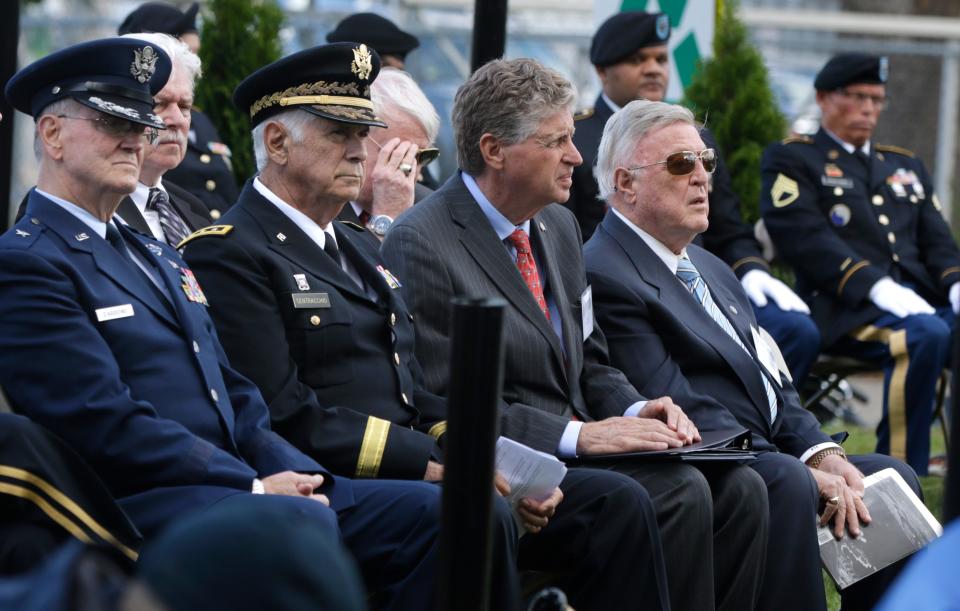 From left, Brig. Gen. James J. D'Agostino; Reginald Centracchio, former adjutant general of the R.I. National Guard; Gov. Dan McKee; and Rhode Island Honorary Historian Laureate Patrick Conley attend a 2021 event.