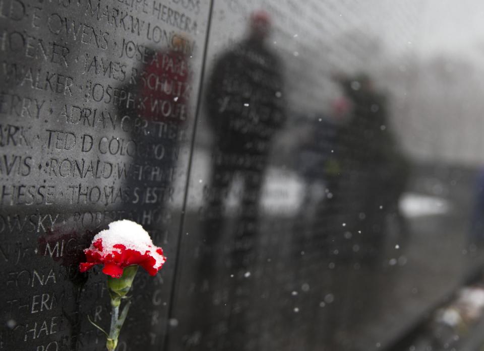 A snow-covered carnation sits at the Vietnam Veterans Memorial in Washington, Tuesday, March 25, 2014. The calendar may say it's spring, but the mid-Atlantic region is seeing snow again. The National Weather Service has issued a winter weather advisories for much of the region Tuesday. The advisories warn that periods of snow could make travel difficult, with slippery roads and reduced visibility. (AP Photo/ Evan Vucci)