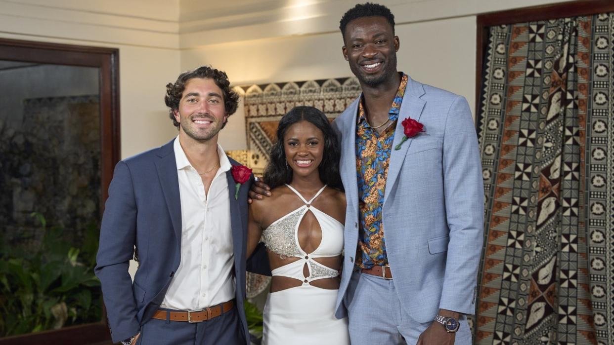  Joey Graziadei, Charity Lawson and Dotun Olubeko on The Bachelorette. 