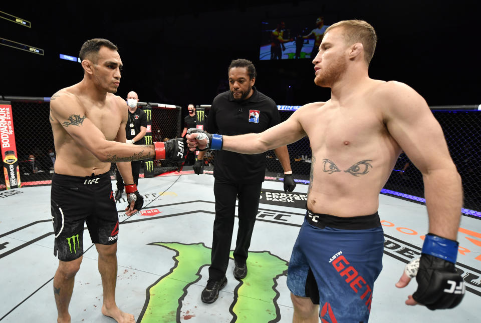 JACKSONVILLE, FLORIDA - MAY 09: (L-R) Opponents Tony Ferguson and Justin Gaethje face off prior to their UFC interim lightweight championship fight during the UFC 249 event at VyStar Veterans Memorial Arena on May 09, 2020 in Jacksonville, Florida. (Photo by Jeff Bottari/Zuffa LLC)