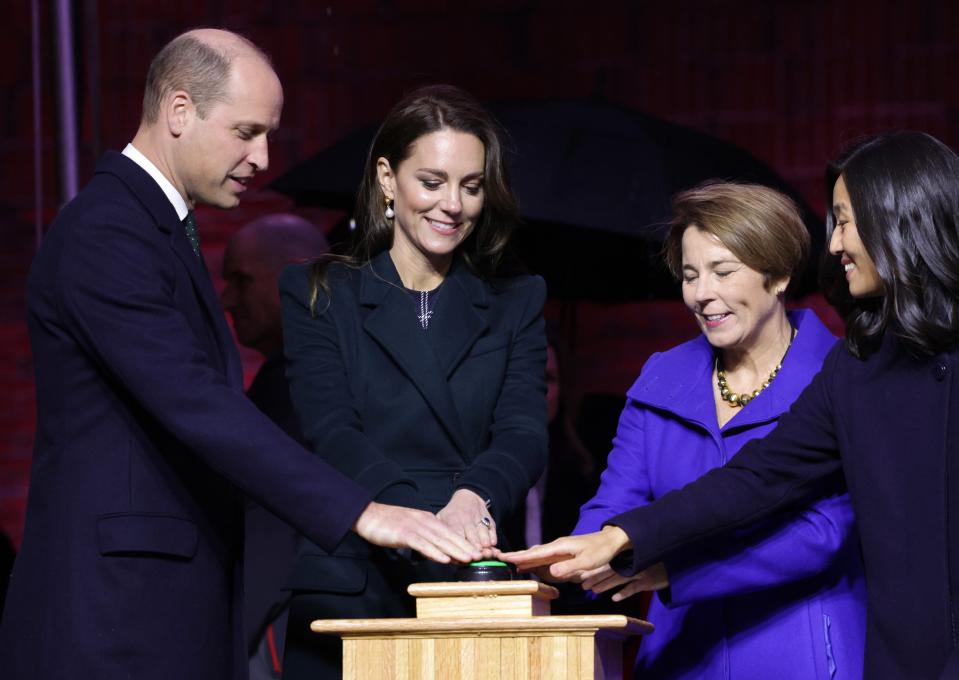 Prince William, Prince of Wales, and Catherine, Princess of Wales pose with Mayor Michelle Wu (R) as they kick off Earthshot celebrations by lighting up Boston (Getty Images)