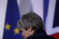 British Prime Minister Theresa May leaves after addressing a media conference at an EU summit in Brussels, Friday, March 22, 2019. Worn down by three years of indecision in London, EU leaders on Thursday were grudgingly leaning toward giving the U.K. more time to ease itself out of the bloc. (AP Photo/Francisco Seco)