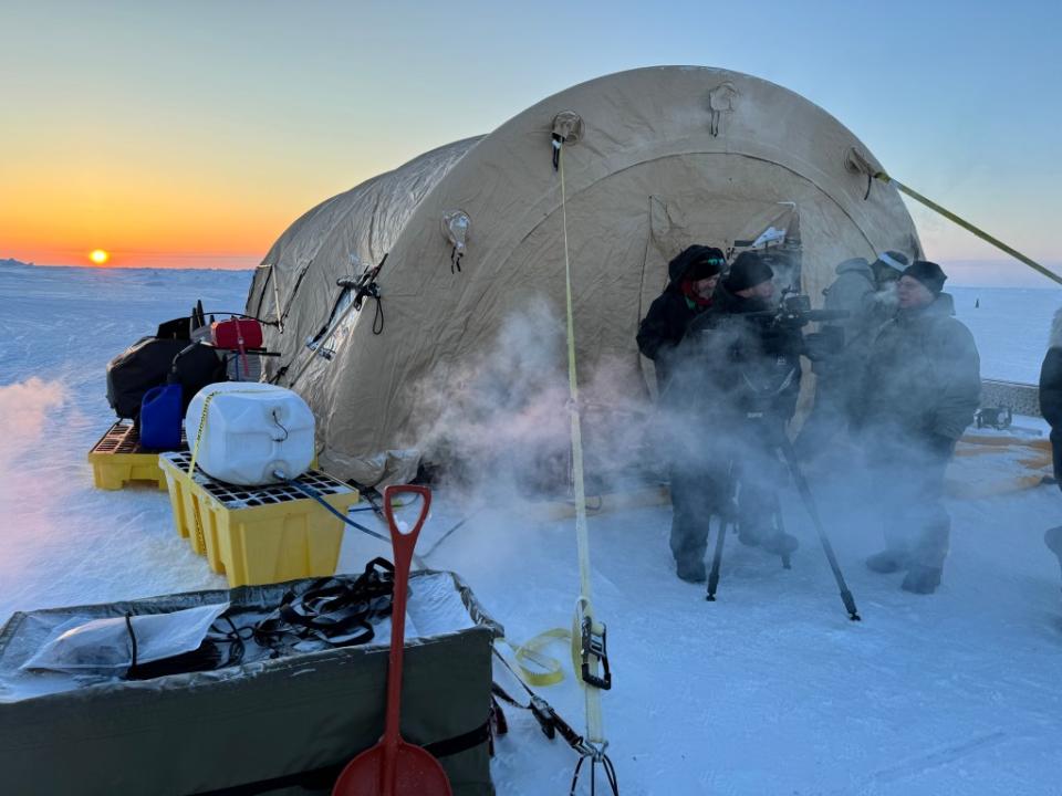 Bill Hemmer and his Ice Camp crew with their cozy encampment near the North Pole. Courtesy of Fox