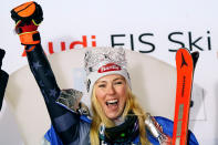 FILE - The winner United States' Mikaela Shiffrin celebrates after an alpine ski, women's World Cup slalom race, in Zagreb, Croatia, Wednesday, Jan. 4, 2023. On Sunday Jan. 8, 2023, Mikaela Shiffrin has matched Lindsey Vonn’s women’s World Cup skiing record with her 82nd win at the women's World Cup giant slalom race in Kranjska Gora, Slovenia,. (AP Photo/Piermarco Tacca, File)