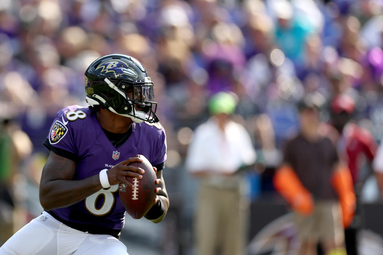 Quarterback Lamar Jackson #8 of the Baltimore Ravens is a fantasy cheat code