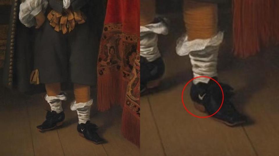 畫中男童鞋子側邊有白色勾勾。（圖／翻攝自@NationalGallery　Twitter）
