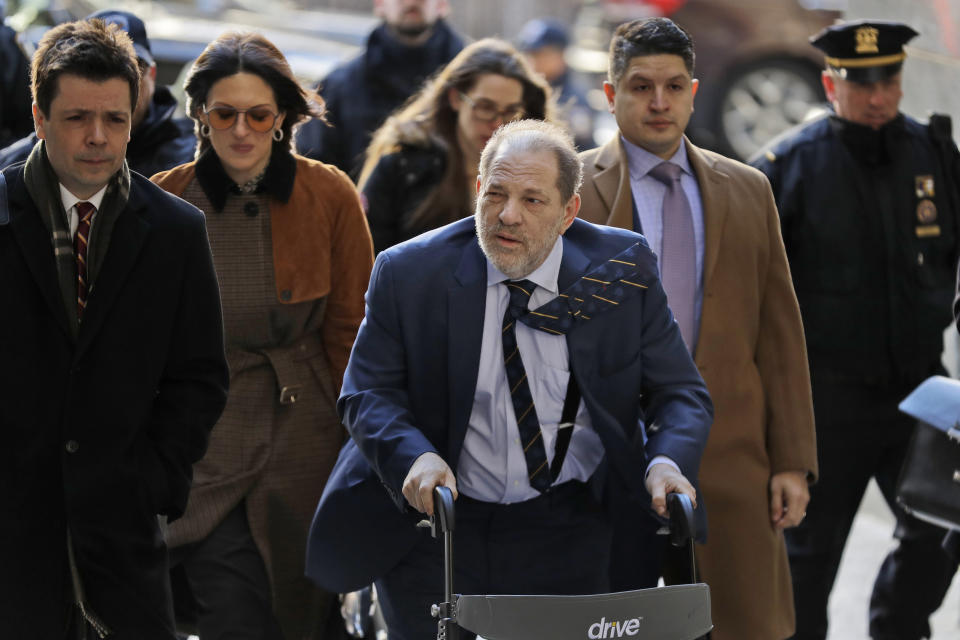 Harvey Weinstein arrives at a Manhattan courthouse for his rape trial in New York, Friday, Feb. 14, 2020. (AP Photo/Seth Wenig)