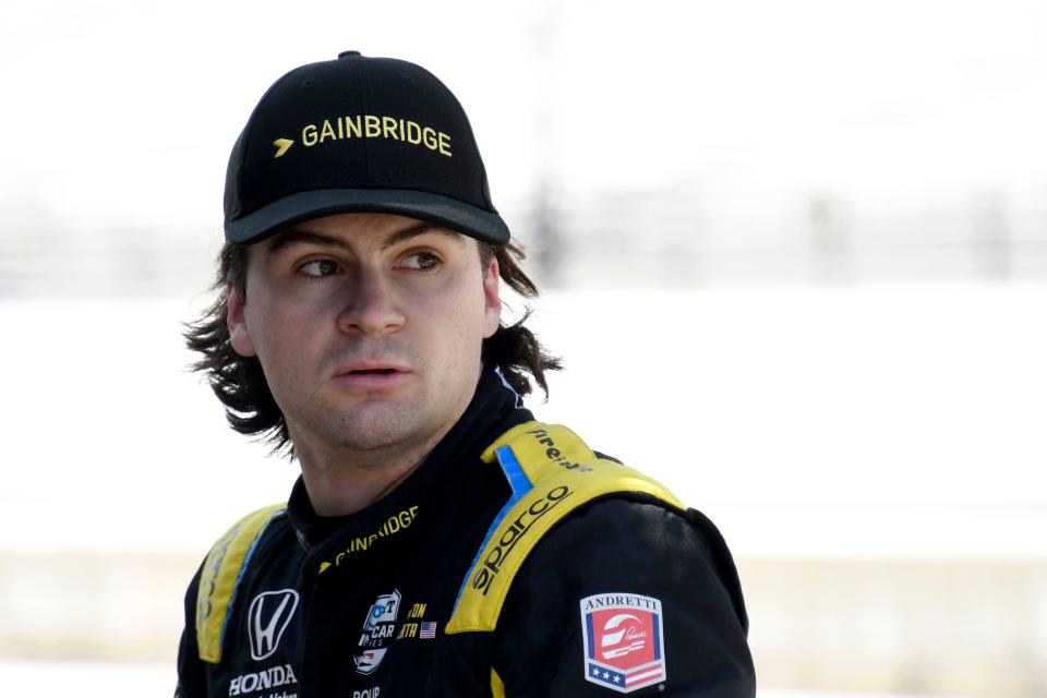 Andretti Autosport with Curb-Agajanian driver Colton Herta (26) stands in his pit box Friday, July 29, 2022, during practice for the Gallagher Grand Prix at Indianapolis Motor Speedway.