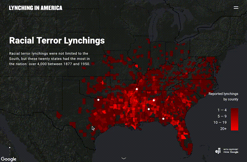 A look at the interactive map from the "Lynching in America" project. (Photo: Google)