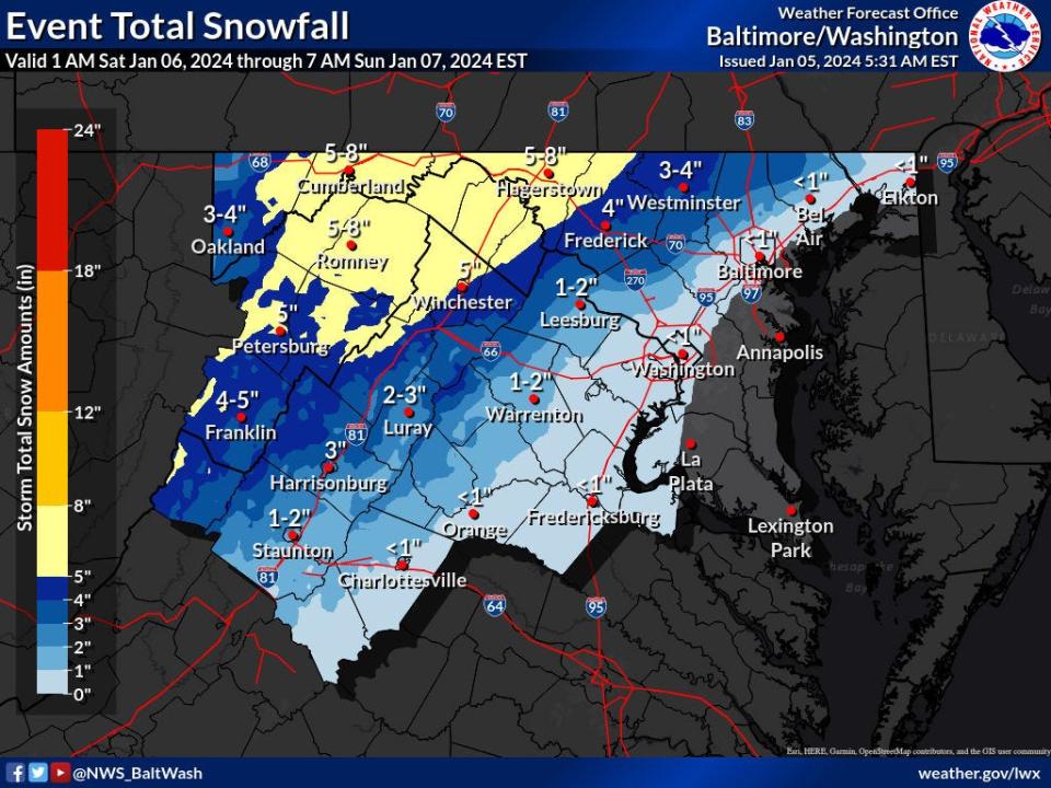 Forecasted snow totals in Washington, D.C., Baltimore and surrounding areas for Saturday, Jan. 6, 2024 to Sunday Jan. 7, 2024. Forecast valid as of early Friday, Jan. 5, 2024.