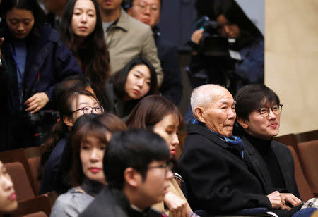 Lee Choon-shik, a victim of wartime forced labor during the Japanese colonial period, sits inside the Supreme Court in Seoul, South Korea, October 30, 2018. REUTERS/Kim Hong-Ji