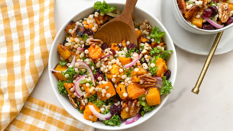 bowl of couscous, butternut, and kale dish