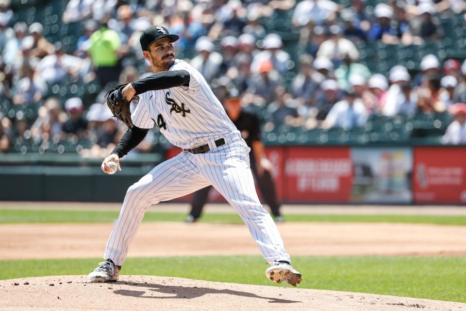 Chicago White Sox starting pitcher Dylan Cease pitches against the Detroit Tigers during the first inning at Guaranteed Rate Field in Chicago, June 3, 2023.