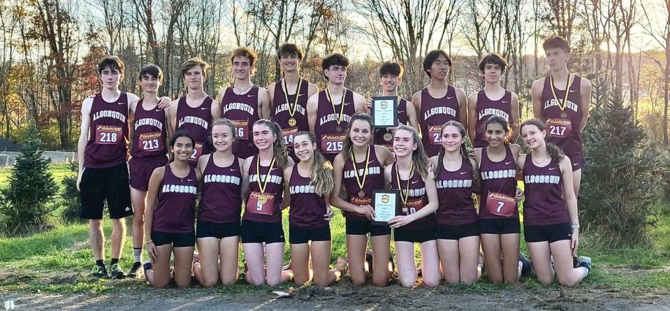 Members of the Algonquin boys' and girls' cross-country teams celebrate their Mid-Wach A titles the Titans won on Saturday.